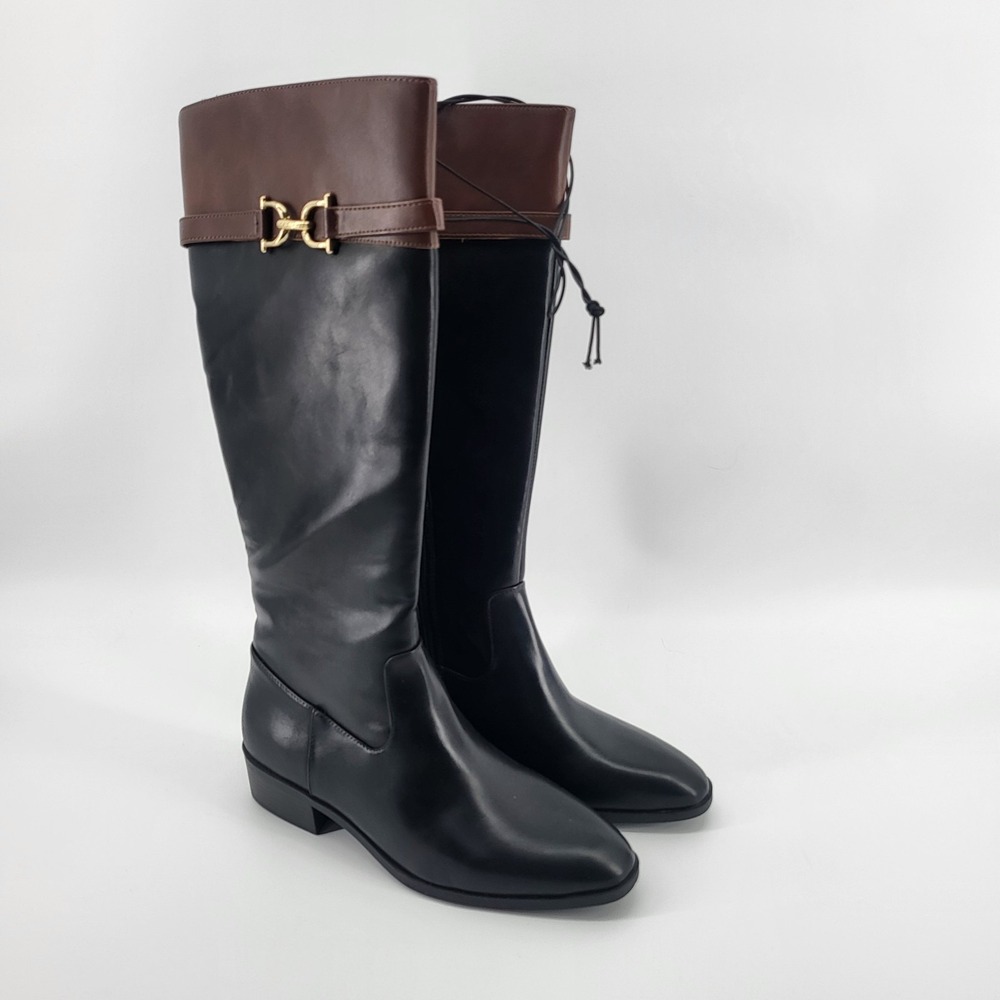 Liz Claiborne Women's 9 Faron Stacked Heel Riding Boots Black/Brown Gold Accents